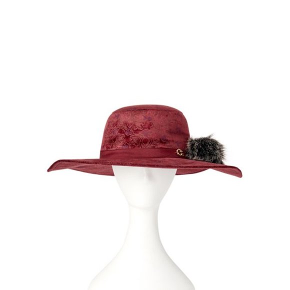 New Faux Fur Pom Velvet Scroll Emboss Floppy Hat.